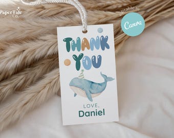 Whimsical Under the Sea Thank You Tags Editable in Canva, Cute Whale Ocean Birthday Favor Tags, Pastel Sea Party Printable