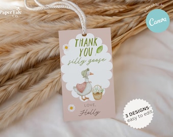 Silly Goose Favor Tag Template, Cottagecore Goose Thank You Tags, Storybook Birthday Party Favor Tags, Editable Canva Gift Tags
