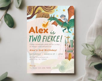 Dragon Birthday Invitation Boy, Two Fierce Birthday Invite, Knight Dragon Party, Editable Canva Template, 2nd Birthday Boy Invitation
