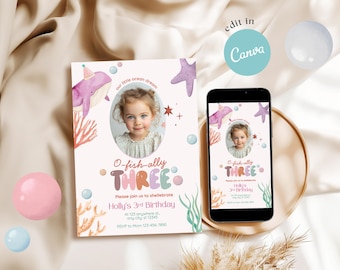 Ofishally Three Birthday Invitation, Under the Sea 3rd Birthday Invite with Photo, Editable Canva Template