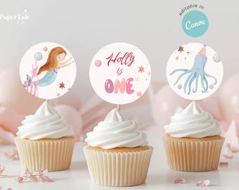 Oneder The Sea Cupcake Topper Template, Mermaid Birthday Cupcake Toppers, Editable Under The Sea Party Decor, Pastel Ocean Birthday