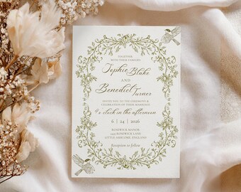Botanical Heirloom Wedding Invitation Template, Editable Vintage Wedding Invite, English Garden Wedding Suite, Fine Art Wedding