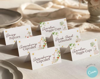 Silly Goose Food Tent Cards Template, Cottagecore Food Labels, Storybook Birthday Food Cards, Editable Canva Place Cards