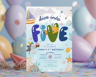 Dive Into Five Birthday Invitation Template, 5th Birthday Under The Sea Party Invite, Ocean Adventure Birthday, Editable Canva Template