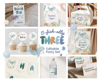 Ofishally Three Birthday Bundle Template, Under The Sea Party Bundle, Editable Ocean Birthday Decor, Whale Party Set, Boy Birthday Printable