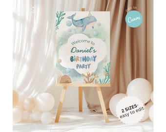Under the Sea Birthday Welcome Sign Template Editable in Canva, Ocean Birthday Party Sign, Ofishally Three Boy Birthday Decor