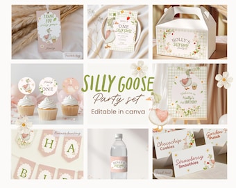 Silly Goose Birthday Party Bundle, Editable Canva Party Decor Set, First Birthday Printable Template, Cottagecore Goose Party Package