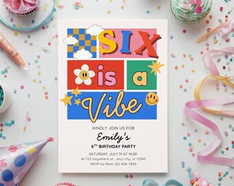 Six Is A Vibe Birthday Invitation, Editable Canva 6th Birthday Invite, Retro Kidcore Party Template, 3 Colorways