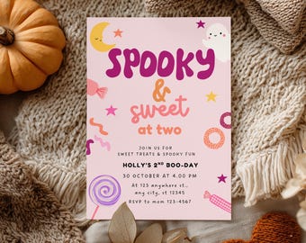 Spooky and Sweet at Two Invitation Template, Editable Halloween 2nd Birthday Invite, Cute Ghost Birthday Party Canva Template