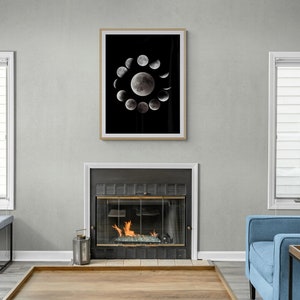 Celestial Moon Phases Wall Art, Minimalist Space Print, Printable Wall Art, Black and White, Lunar Space Print, Bedroom Wall Decor