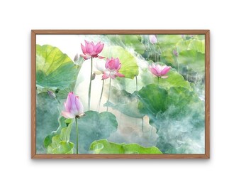 Rosa Lotus Sommer Blume Wandkunst, botanische Aquarell Kunstdruck, Esszimmer Schlafzimmer Badezimmer Dekor, druckbare Wandkunst, digitaler Download