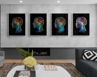 Psicología Wall Art Set de 4 grabados, Brain Science Psicología Arte contemporáneo abstracto minimalista, Arte de pared imprimible, Regalo de terapeuta