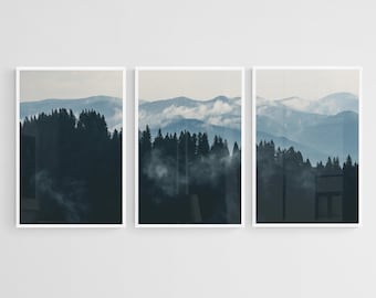 Dunkelgrüne Landschaft Wald 3 Stück Wandkunst, druckbare Wandkunst, Natur Nebel Nebel Berg Druck, Über Bett Wand Dekor 3er Set