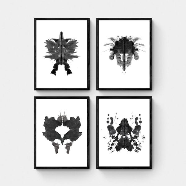 Ink Blot Art Set de 4 grabados, Psicología Rorschach Arte contemporáneo abstracto minimalista, Arte de pared imprimible, Regalo de terapeuta en blanco y negro
