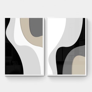 Graues abstraktes Poster-Set von zwei Drucken, Minimalistische Zeitgenössische Trendige Neutrale druckbare Wandkunst, Große Grau Beige Schwarz Erdton Kunst