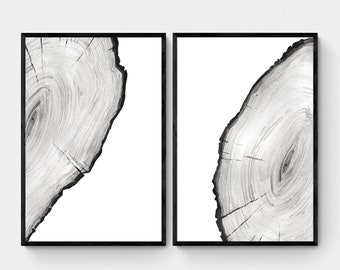 Aquarell Baum Ring Wandkunst Set 2 Drucke, abstrakte minimalistische Kunst, druckbare Wandkunst, schwarz weiß Kiefer Baumstumpf Holzscheibe Kunst