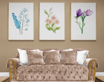 Watercolor Botanical Set of 3 Prints, Floral Botanical Art, Printable Wall Art, Botanical Floral Wildflower Decor, Downloadable Prints