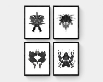 Ink Blot Art Set of 4 Prints, Rorschach Psychology Minimalist Abstract Contemporary Art, Printable Wall Art, Black and White Therapist Gift