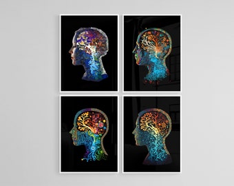 Psicología Wall Art Set de 4 grabados, Brain Science Psicología Arte contemporáneo abstracto minimalista, Arte de pared imprimible, Regalo de terapeuta