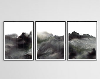 Acuarela en blanco y negro abstracto arte de pared de 3 piezas, arte de pared moderno, arte de pared imprimible, impresiones de acuarela, impresiones de arte negro, conjunto de 3