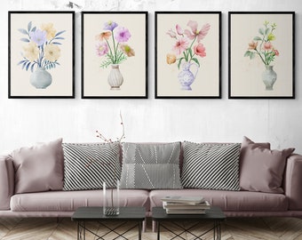 Watercolor Floral Wall Art Set of 4 Prints, Botanical Boho Art Prints, Printable Wall Art, Watercolor Flowers, Downloadable Prints