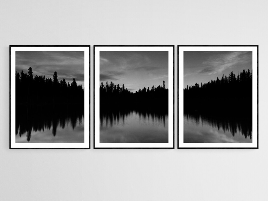 Forest Lake Landscape Black White Wall Art Set of 3, Nature Minimalist ...