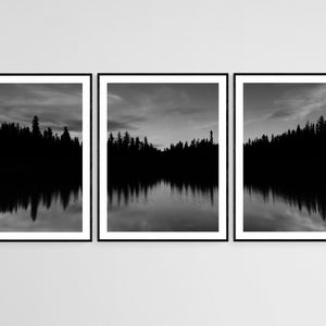 Forest Lake Landscape Black White Wall Art Set of 3, Nature Minimalist Modern Landscape Wall Art, Printable Wall Art, Mountain Lake Wall Art
