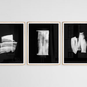 Black and White Brush Strokes Art Set of 3 Prints, Abstract ...