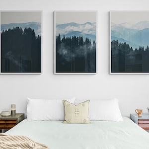 Dark Green Landscape Forest 3 Piece Wall Art, Printable Wall Art, Nature Foggy Misty Mountain Print, Over Bed Wall Decor Set of 3