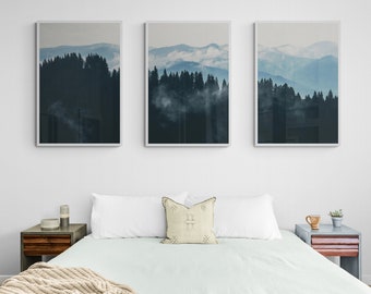 Dark Green Landscape Forest 3 Piece Wall Art, Printable Wall Art, Nature Foggy Misty Mountain Print, Over Bed Wall Decor Set of 3