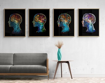 Psicología Wall Art Set de 4 - Brain Science Minimalista Abstracto Contemporáneo - Perfecto como regalo de terapeuta
