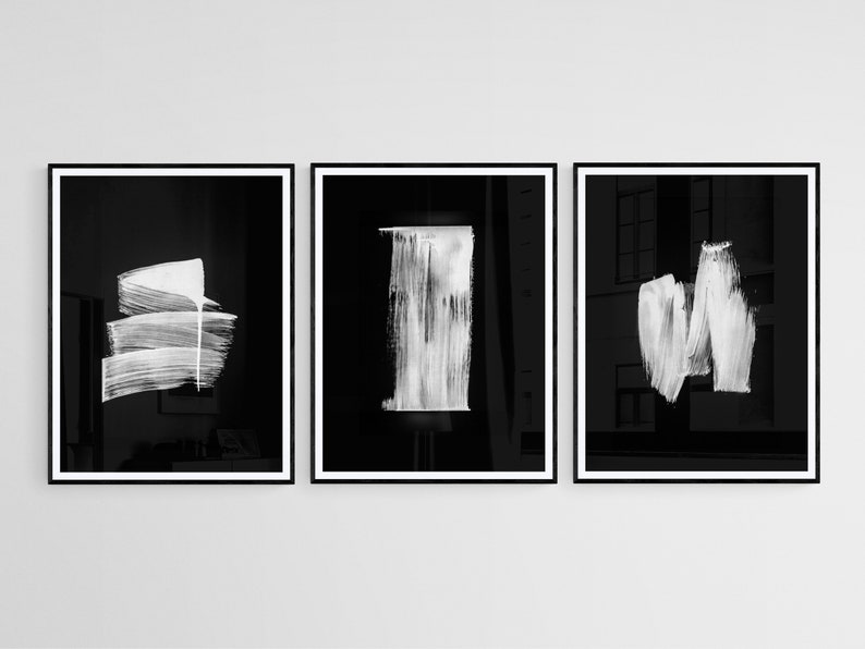 Black and White Brush Strokes Art Set of 3 Prints, Abstract ...