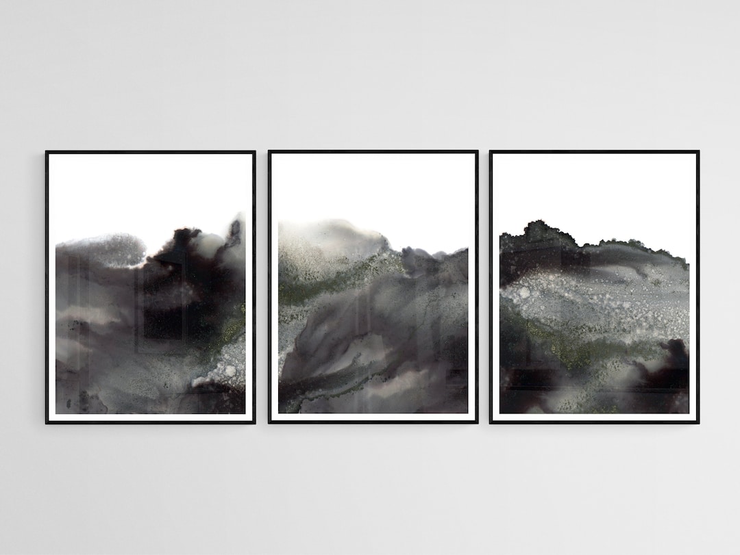 Black and White Watercolor Abstract 3 Piece Wall Art, Modern Wall Art ...