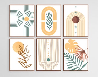 Boho Wall Art Set of 6 Prints, Mid Century Modern Minimalist Abstract Bohemian Decor, Printable Wall Art, Gallery Wall Set, Downloadable