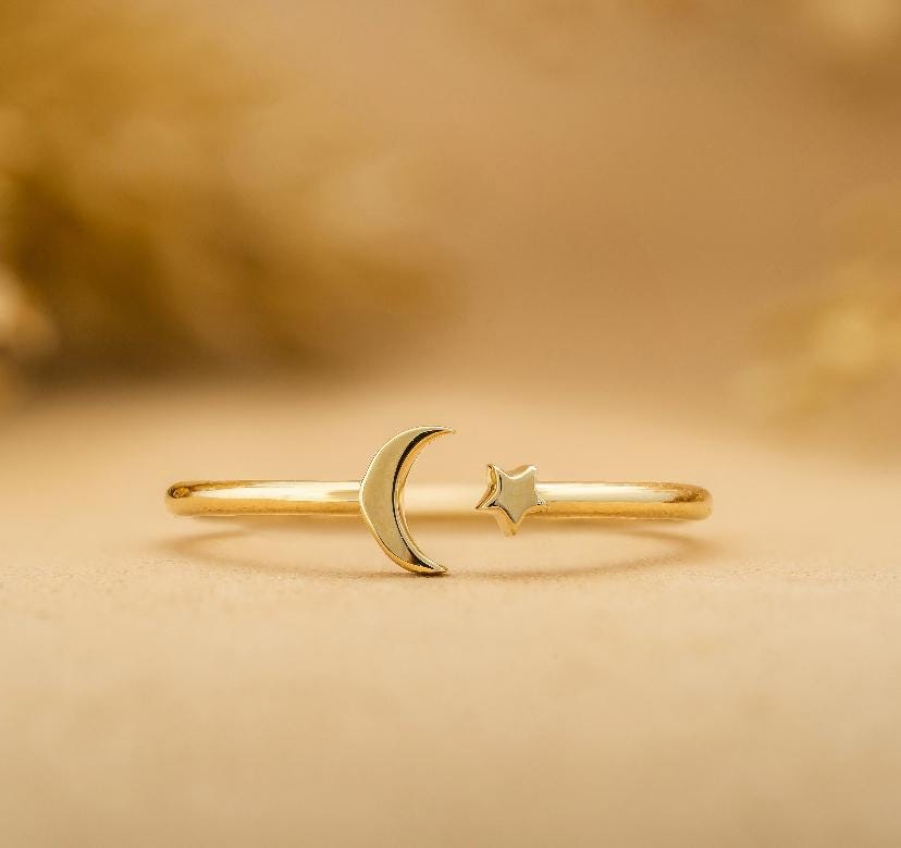 Anfangsmond & Stern - Ringband ~ 925 Sterling Silber Ring ~ Minimalistischer Schmuck ~ Charm Ring ~ Geschenk für Sie