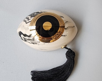 Handmade Ceramic Evil Eye Decor, 24K Gold Luster, Good Luck Charm