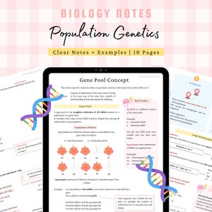 以下が含まれることがあります： 集団遺伝学に関するデジタル生物学ノート。明確な例と説明が特徴です。DNA鎖のグラフィックが描かれたタブレットに表示されます。テキストには、遺伝子プールや対立遺伝子頻度などの概念が含まれています。