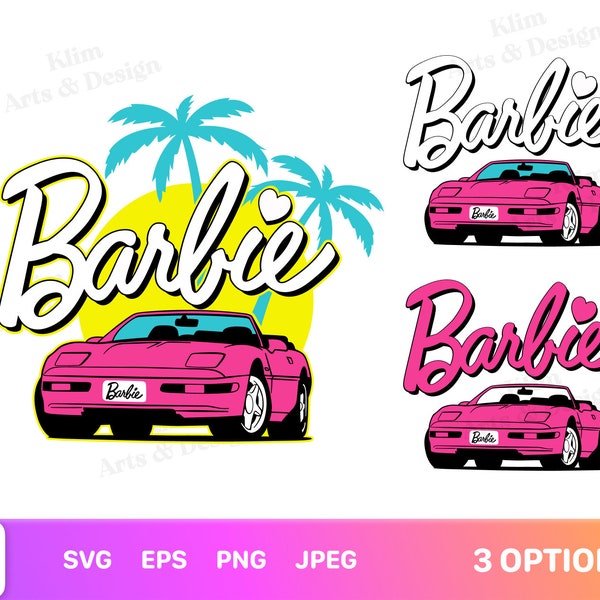 Barbi Car Convertible Corvette Palms Pink Doll Retro 80s Malibu | SVG PNG JPG Clipart Digital Download Sublimation Cricut Cut File