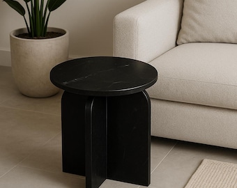 Nero Marquina Marble Coffee Stool – Modern Black Stone Side Table