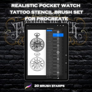 May include: A digital tablet screen displaying a set of 20 Procreate brush stamps featuring a realistic pocket watch design. The brush stamps are labeled "Pocketwatch Stamp 1" through "Pocketwatch Stamp 20".