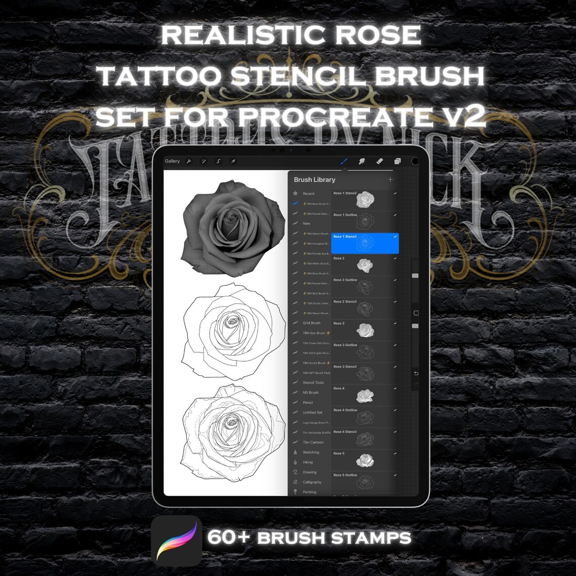 60 Realistic Rose Tattoo Stencil Procreate Brush Set V2 - Etsy