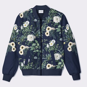 Wildflower Navy Blue Bomber Jacket, White and Blue Bomber Jacket, Women's Botanical Bomber Jacket, White Floral Fleece Jacket for Women