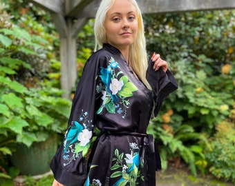 Green Bird Black Kimono Robe for women, Botanical Bird Print, Bohemian Floral Magnolia Silk Robe, Boho Kimono Robes, Birthday Gift for Her