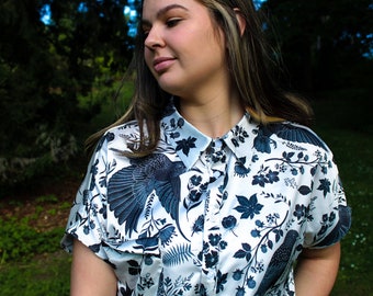 Starling Bird Button Up Satin Shirt, Bird Print Black & White Shirt, Folklore Style Shirts, Shirt for Bird Lovers, Unisex Button Down Shirt