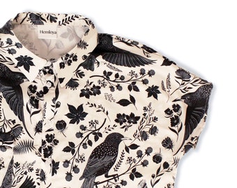 Starling Bird Button Up Satin Shirt, Bird Print Black & White Shirt, Folklore Style Shirts, Shirt for Bird Lovers, Unisex Button Down Shirt