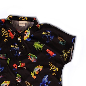 Poison Frogs Button Up Satin Shirt, Frog Print Colorful Shirt, Cottagecore Shirts, Mushroom Print Shirts, Button Down Shirts for Women