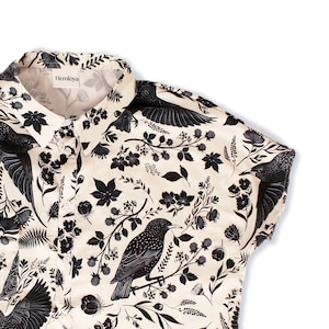 Starling Bird Button Up Satin Shirt, Bird Print Black & White Shirt, Folklore Style Shirts, Shirt for Bird Lovers, Unisex Button Down Shirt image 1