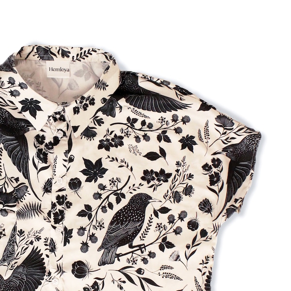 Starling Bird Button Up Satin Shirt, Bird Print Black & White Shirt, Folklore Style Shirts, Shirt for Bird Lovers, Unisex Button Down Shirt