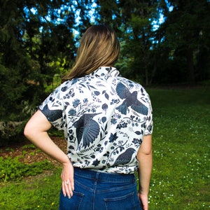 Starling Bird Button Up Satin Shirt, Bird Print Black & White Shirt, Folklore Style Shirts, Shirt for Bird Lovers, Unisex Button Down Shirt image 5