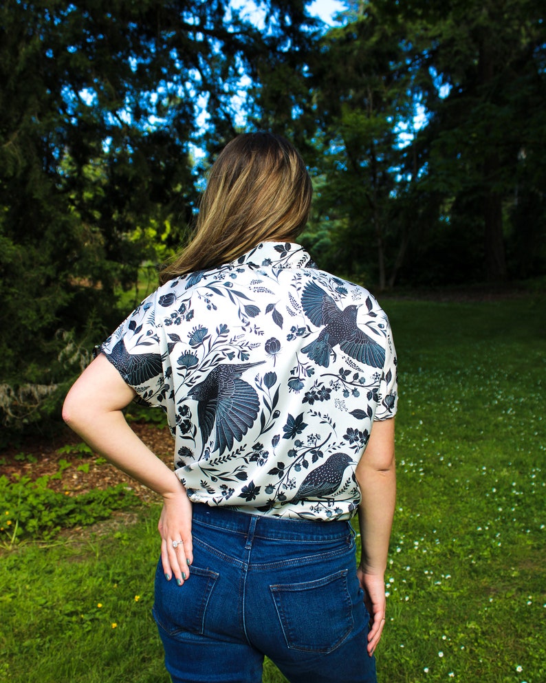 Starling Bird Button Up Satin Shirt, Bird Print Black & White Shirt, Folklore Style Shirts, Shirt for Bird Lovers, Unisex Button Down Shirt image 5